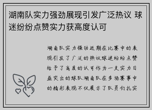 湖南队实力强劲展现引发广泛热议 球迷纷纷点赞实力获高度认可