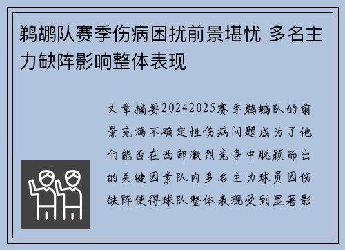 鹈鹕队赛季伤病困扰前景堪忧 多名主力缺阵影响整体表现