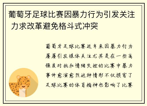 葡萄牙足球比赛因暴力行为引发关注 力求改革避免格斗式冲突